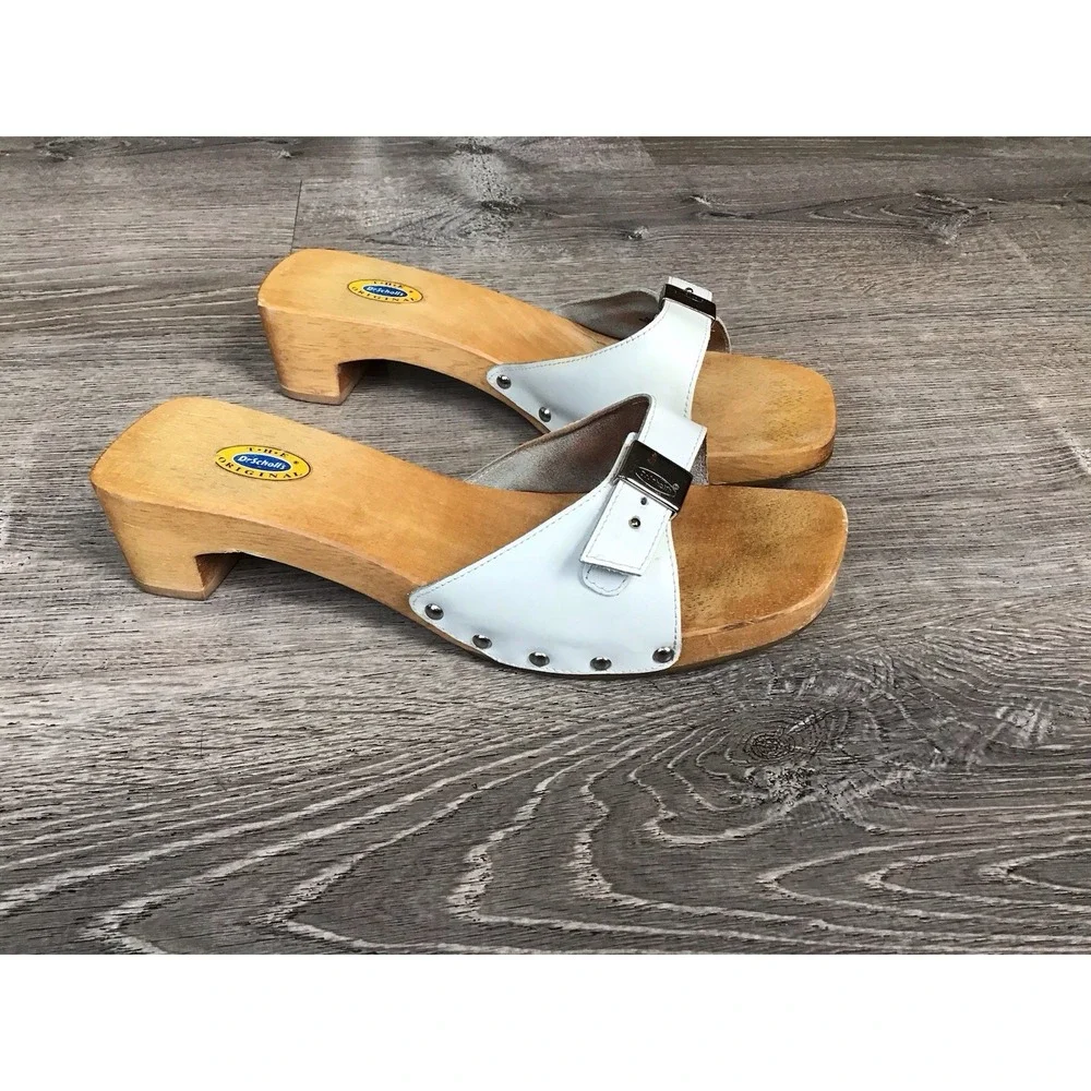 DR SCHOLL'S Original Wooden Sandal Women's Size 10 Slide SPECIAL White Leather